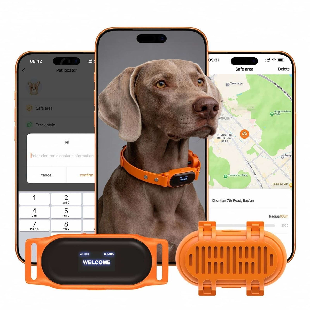 Detalle de la pantalla del collar GPS 4G para mascotas