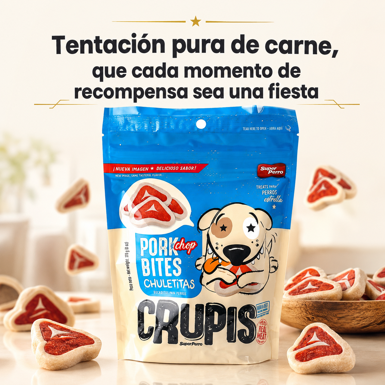 Bocadillos para Perro Crupis – Chuletitas, Tocinetas, Rollitos, Huesitos y Trocitos, Snacks Suaves en Múltiples Sabores y Formatos (85g - 170g)