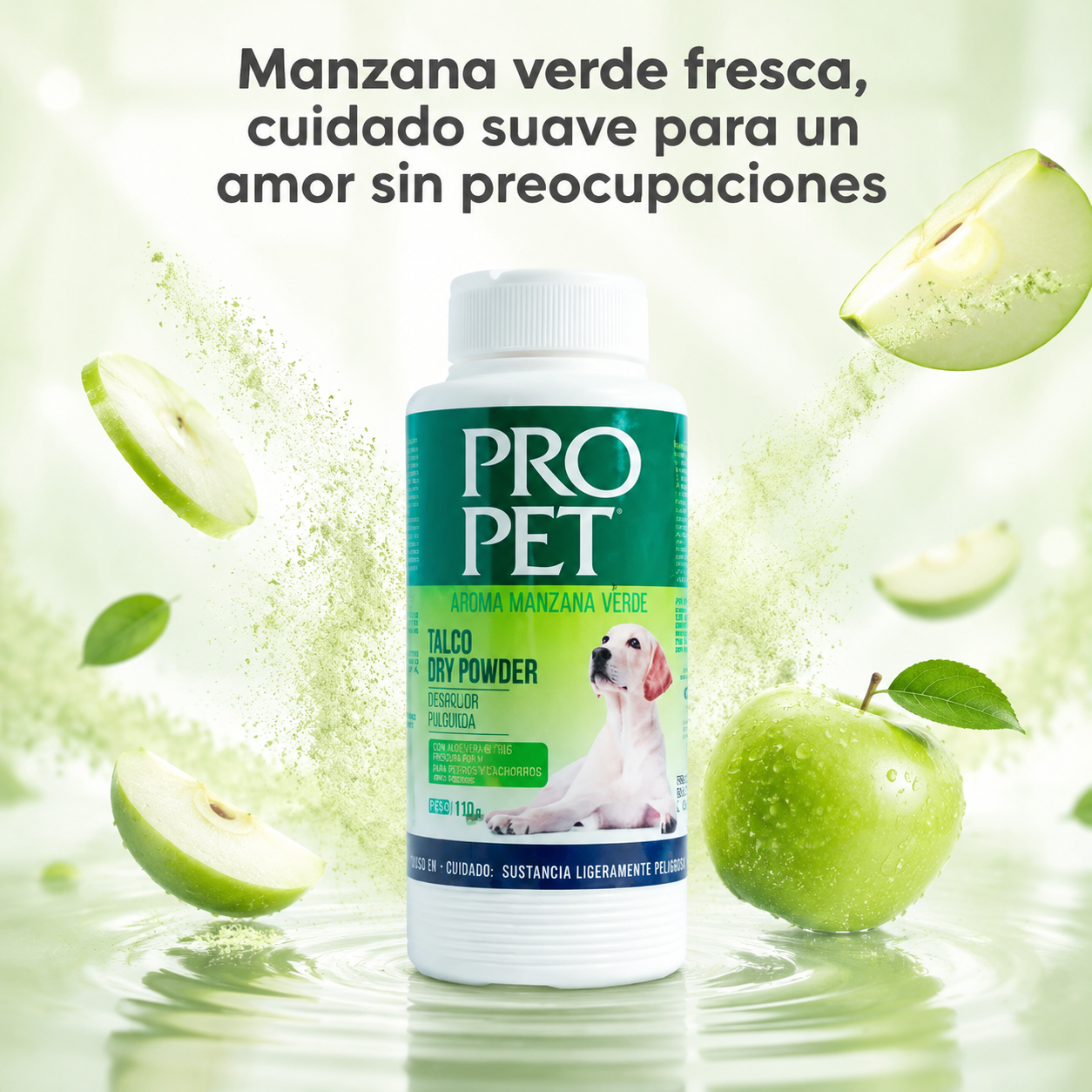 Talco Pro Pet  Antipulgas Aroma Manzana Verde – Polvo Seco para Perros y Gatos, Elimina Pulgas y Garrapatas, Refresca y Desodoriza