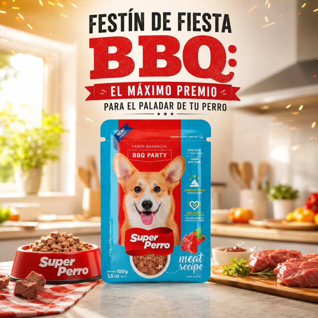 Super Perro BBQ Party – Alimento Húmedo para Perros en Pouch, Sabor BBQ, Comida Completa y Balanceada, Textura Suave en Trozos