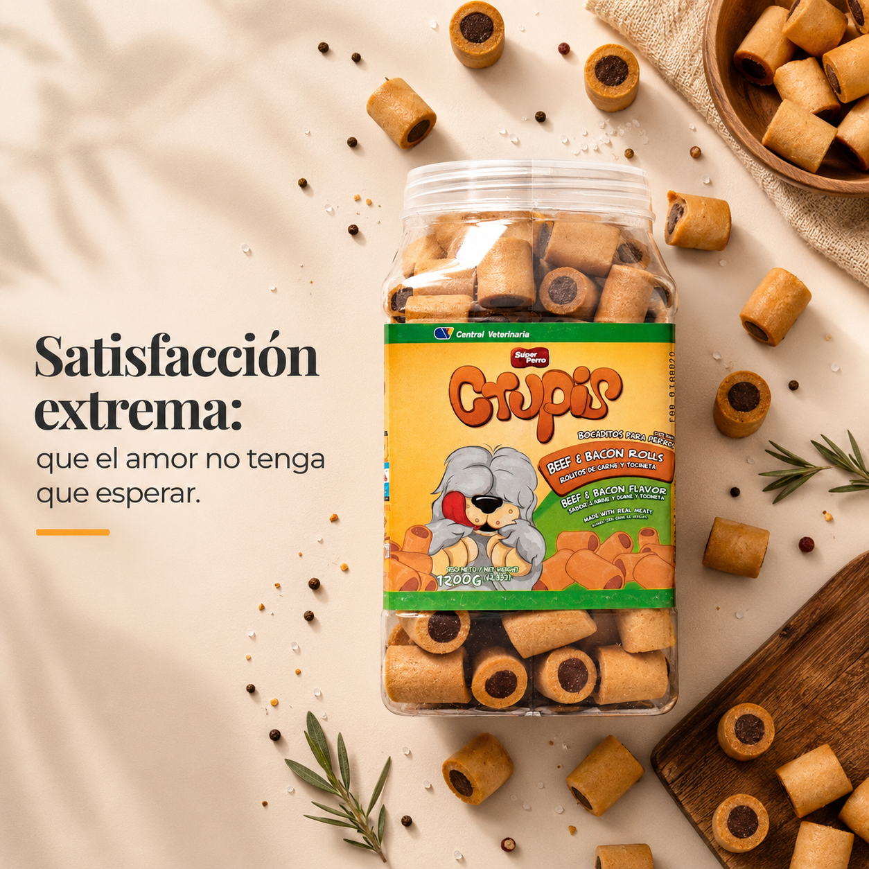 Snacks para Perro Crupis – Beef & Bacon Rolls (Rollitos), Cuidado Dental Diario y Meat Bones, Bocadillos en Múltiples Variedades