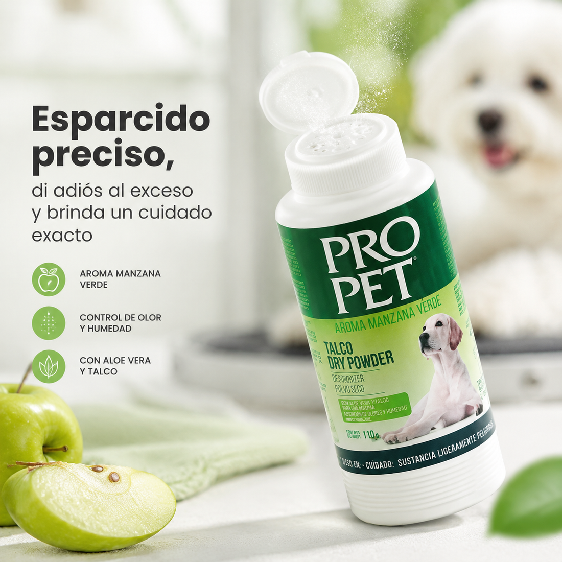 Talco Pro Pet  Antipulgas Aroma Manzana Verde – Polvo Seco para Perros y Gatos, Elimina Pulgas y Garrapatas, Refresca y Desodoriza
