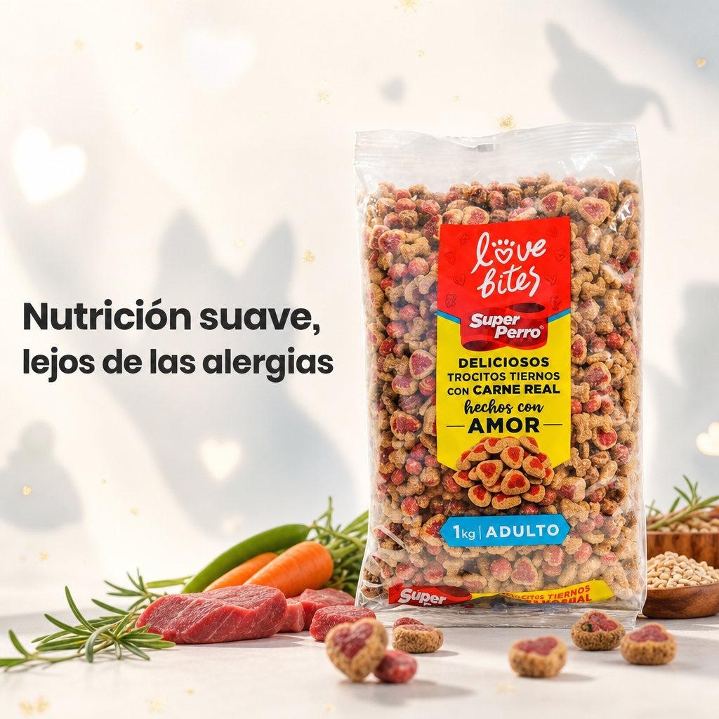 Super Perro Adulto Love Bites – Alimento Balanceado para Perros Adultos con Trocitos Tiernos, Sabor Irresistible, Nutrición Completa sin Granos