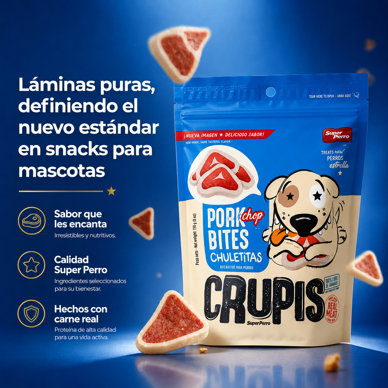 Bocadillos para Perro Crupis – Chuletitas, Tocinetas, Rollitos, Huesitos y Trocitos, Snacks Suaves en Múltiples Sabores y Formatos (85g - 170g)