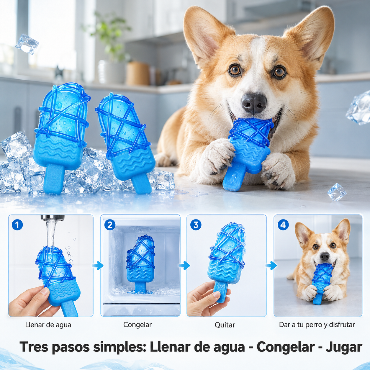 Paleta congelable para perros – juguete para morder y refrescar, se llena de agua y se congela