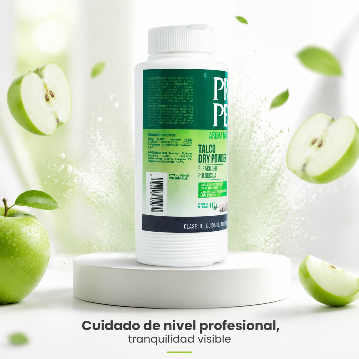 Talco Pro Pet  Antipulgas Aroma Manzana Verde – Polvo Seco para Perros y Gatos, Elimina Pulgas y Garrapatas, Refresca y Desodoriza