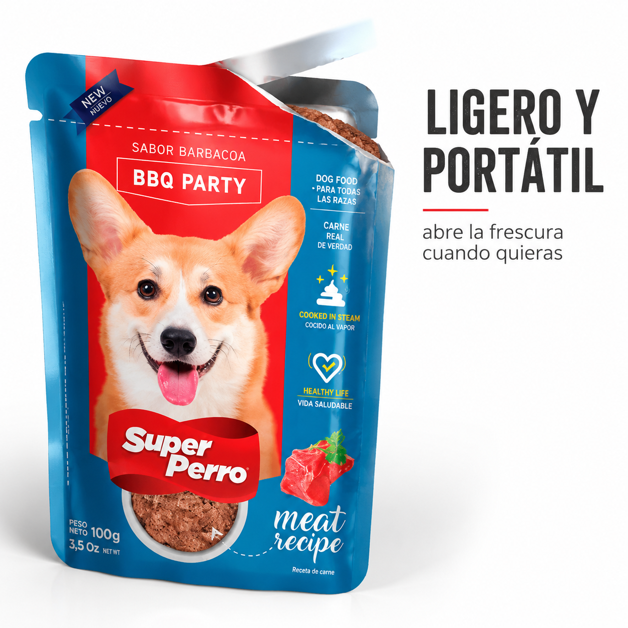 Super Perro BBQ Party – Alimento Húmedo para Perros en Pouch, Sabor BBQ, Comida Completa y Balanceada, Textura Suave en Trozos