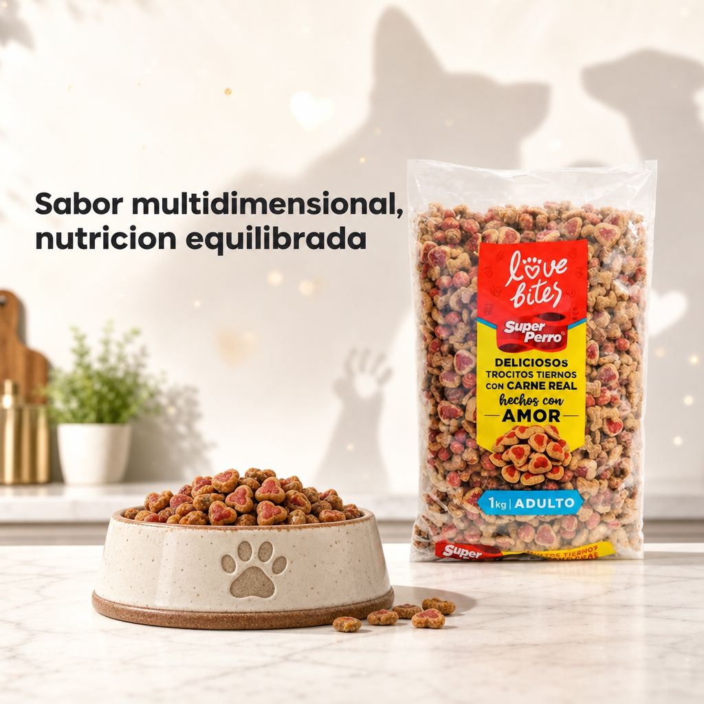 Super Perro Adulto Love Bites – Alimento Balanceado para Perros Adultos con Trocitos Tiernos, Sabor Irresistible, Nutrición Completa sin Granos