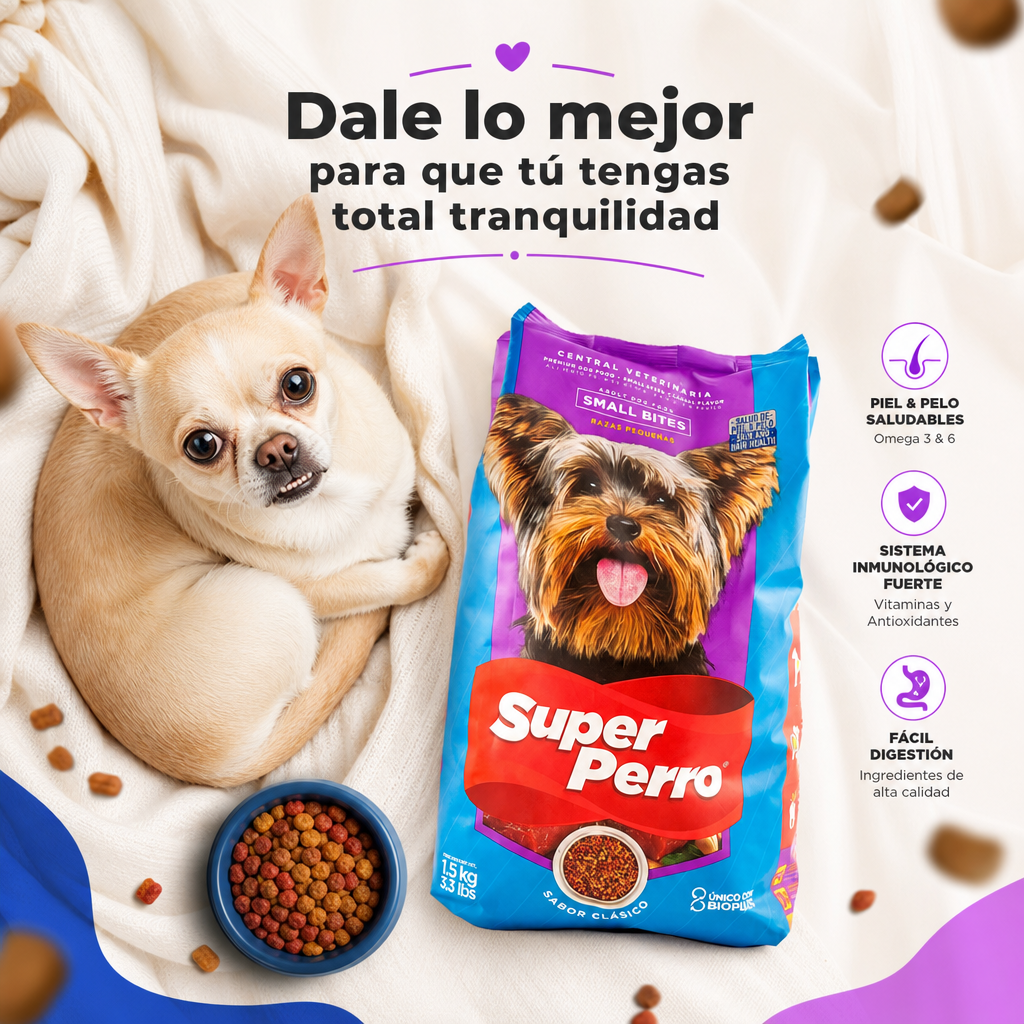 Super Perro Adulto Small Bites – Alimento Balanceado para Perros Adultos de Razas Pequeñas, Croquetas Pequeñas, Nutrición Completa sin Granos