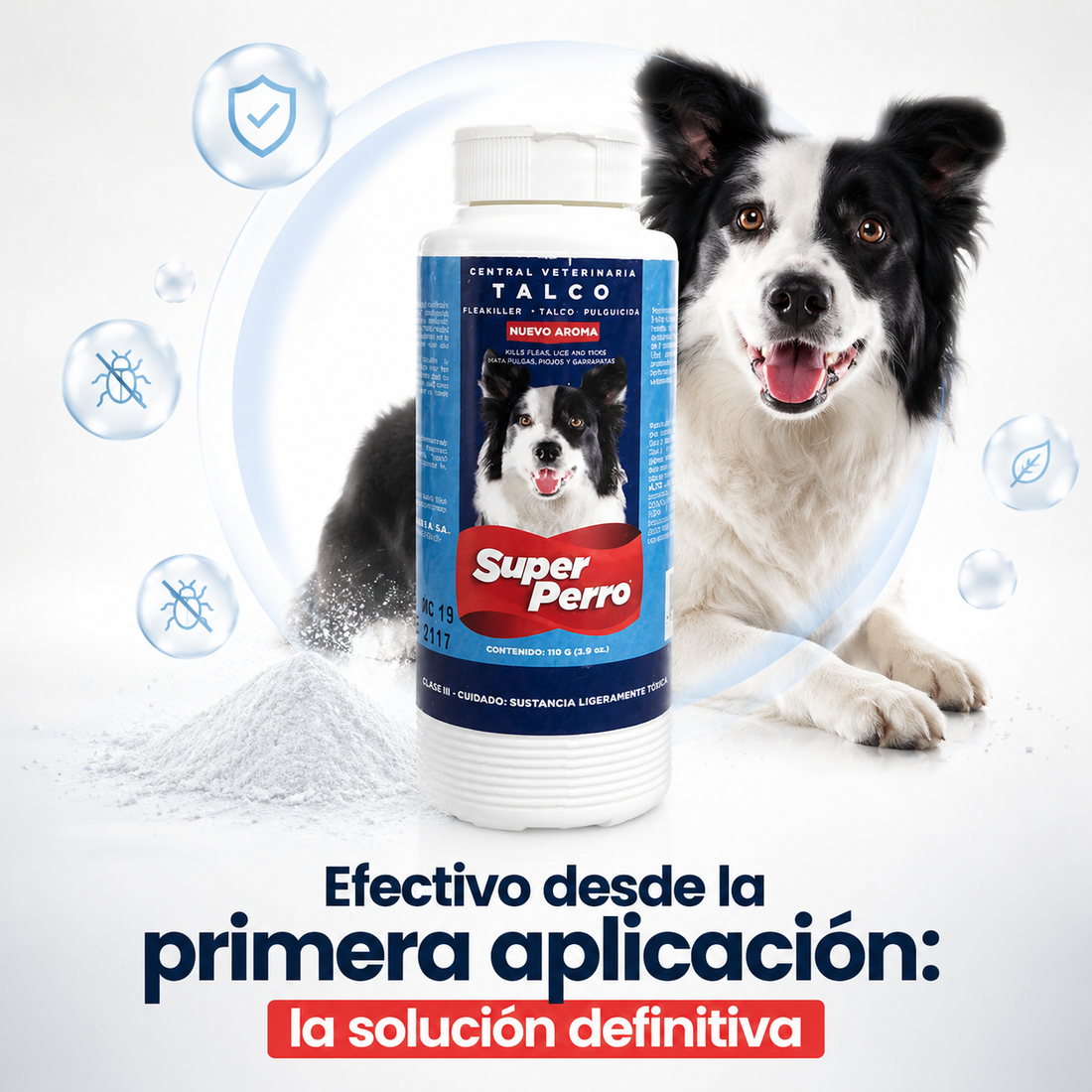 Talco Antipulgas Super Perro – Talco Pulguicida para Perros y Gatos, Elimina Pulgas y Garrapatas, Previene Reinfestaciones, Aroma Fresco