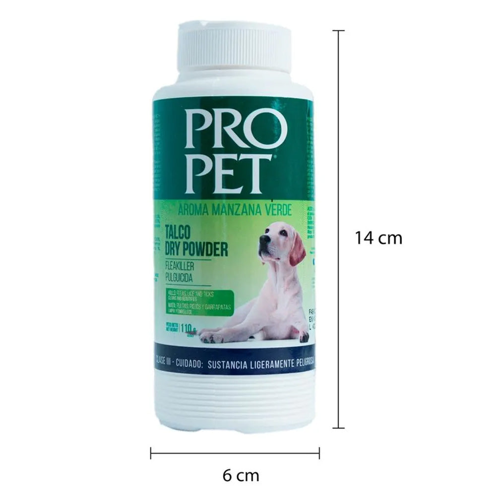 Talco Pro Pet  Antipulgas Aroma Manzana Verde – Polvo Seco para Perros y Gatos, Elimina Pulgas y Garrapatas, Refresca y Desodoriza