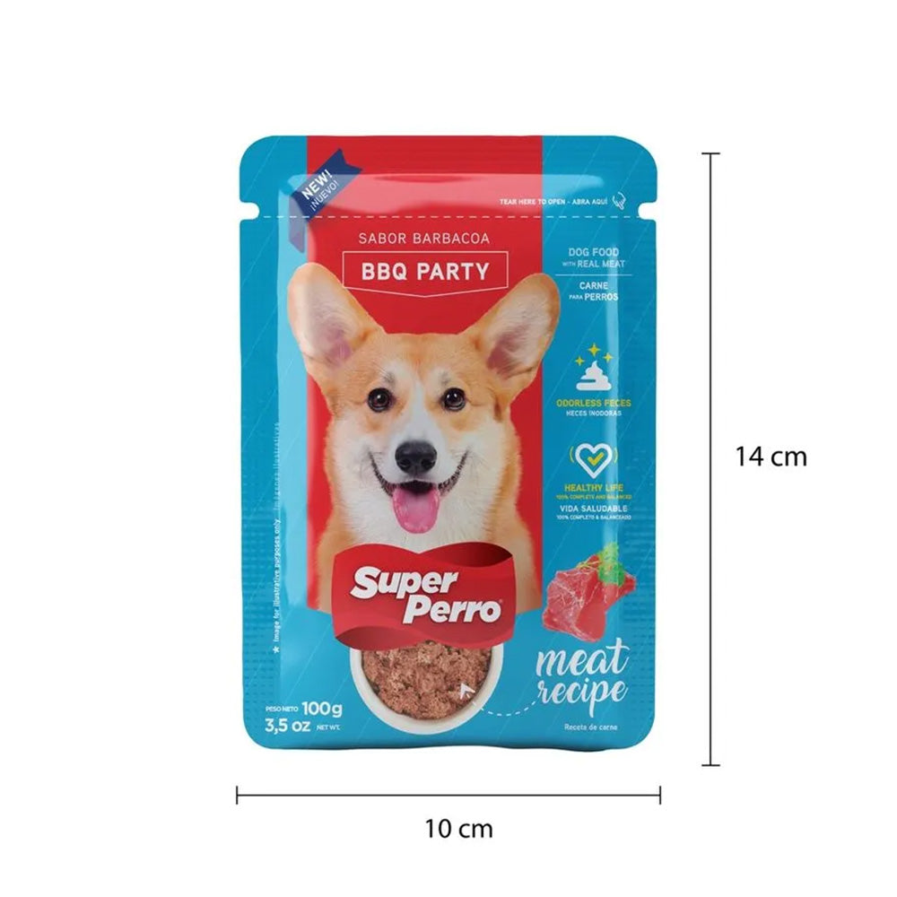 Super Perro BBQ Party – Alimento Húmedo para Perros en Pouch, Sabor BBQ, Comida Completa y Balanceada, Textura Suave en Trozos