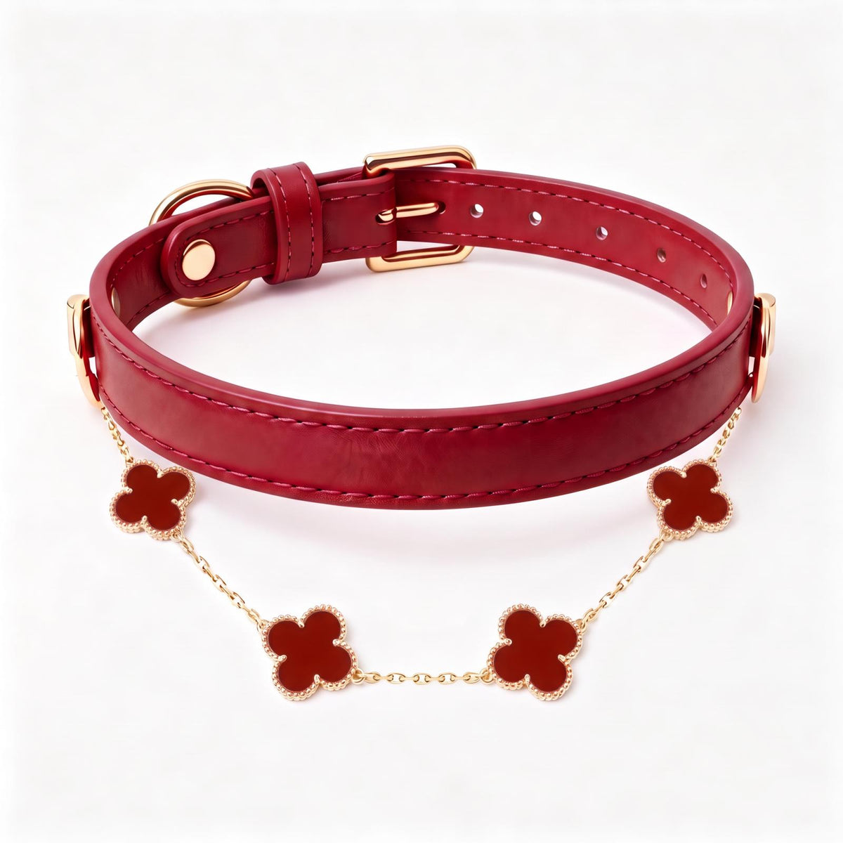 Collar de cuero con joyería y nombre bordado para mascotas