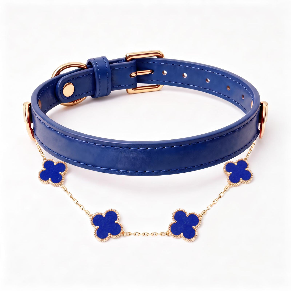Collar de cuero con joyería y nombre bordado para mascotas