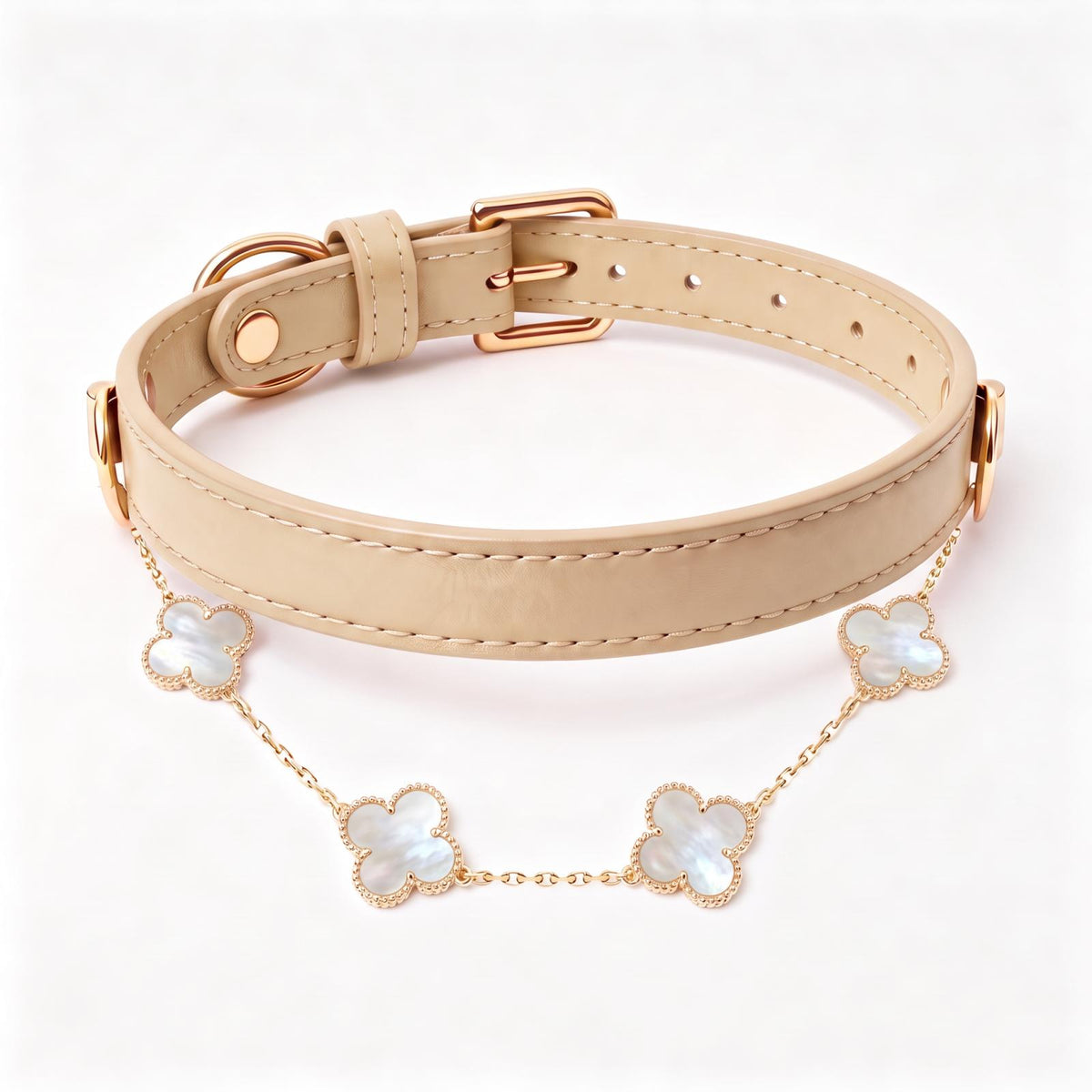 Collar de cuero con joyería y nombre bordado para mascotas