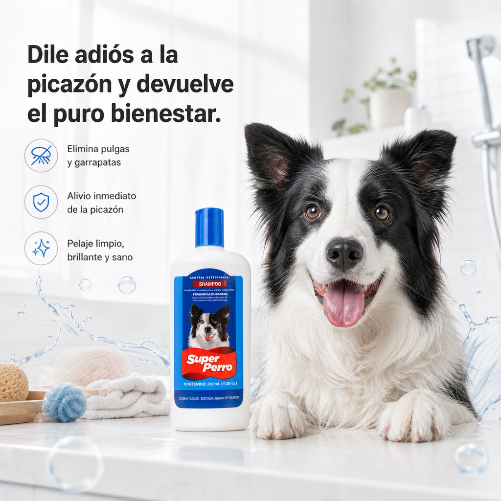 Champú Antipulgas para Perros Super Perro – Fórmula Suave con Aceites Naturales, Elimina Pulgas y Garrapatas, Deja el Pelaje Brillante y Saludable