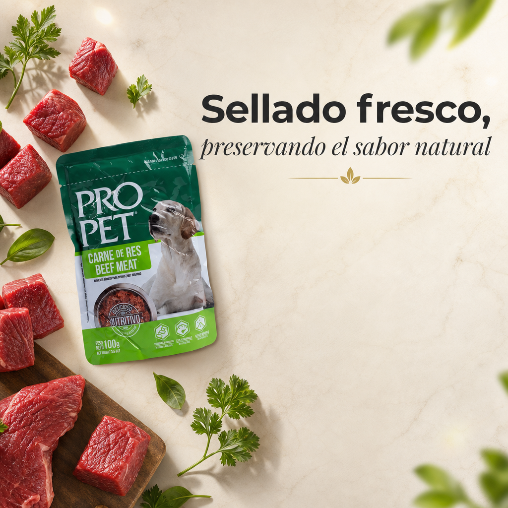 Pro Pet Alimento Húmedo para Perros – Bolsa de 100g de Carne de Res, Receta Premium Sin Granos, Completa y Balanceada para Perros Adultos, Alto Contenido de Proteína, 100% Res Real