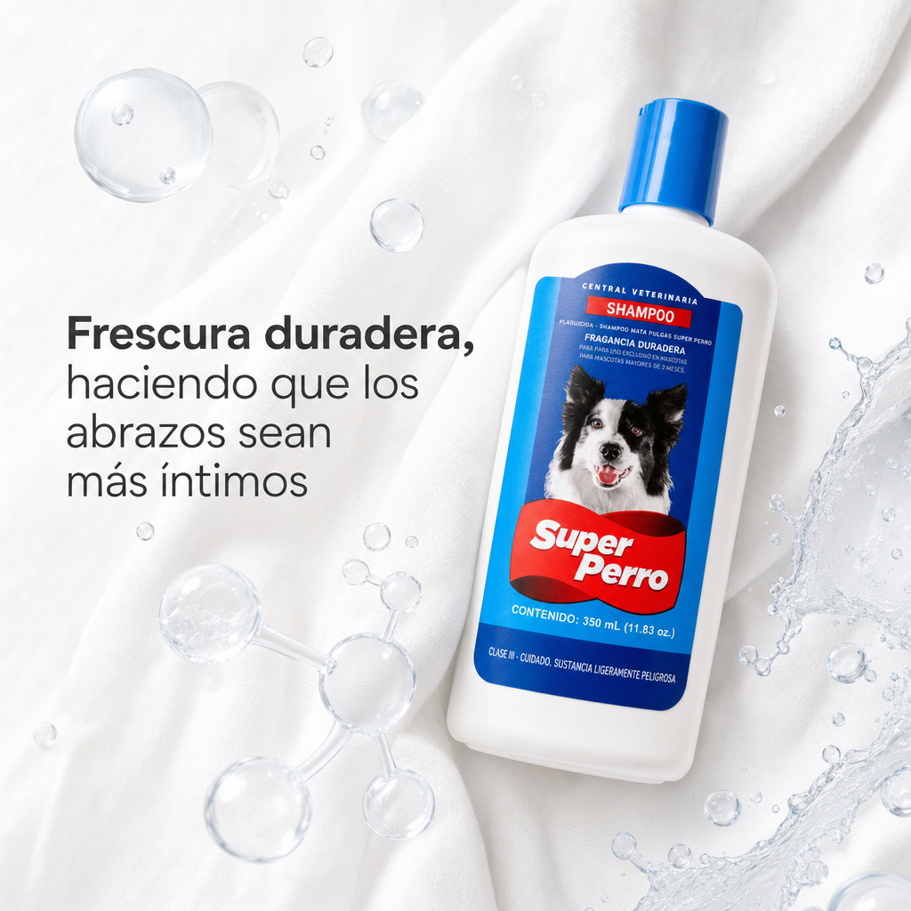 Champú Antipulgas para Perros Super Perro – Fórmula Suave con Aceites Naturales, Elimina Pulgas y Garrapatas, Deja el Pelaje Brillante y Saludable