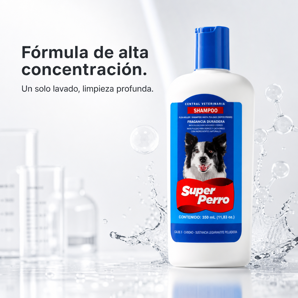 Champú Antipulgas para Perros Super Perro – Fórmula Suave con Aceites Naturales, Elimina Pulgas y Garrapatas, Deja el Pelaje Brillante y Saludable