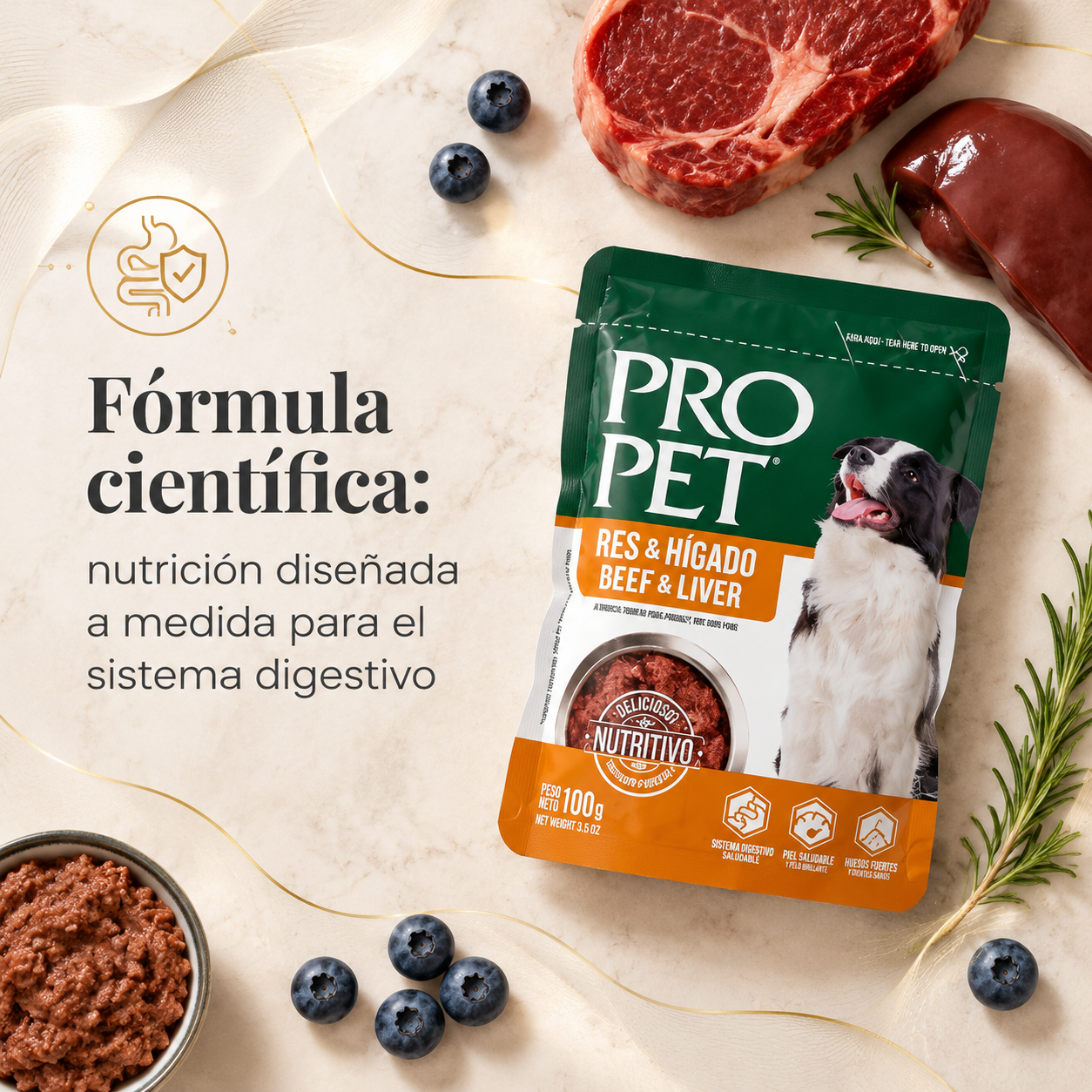 Pro Pet Alimento Húmedo para Perros – Bolsa de 100g de Res e Hígado, Receta Premium Sin Granos, Completa y Balanceada para Perros Adultos, Alto Contenido de Proteína